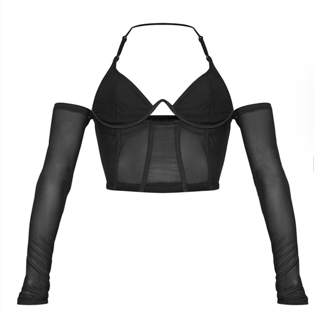 PrettyLittleThing Black Chiffon Corset Detail Long Sleeve Crop Top